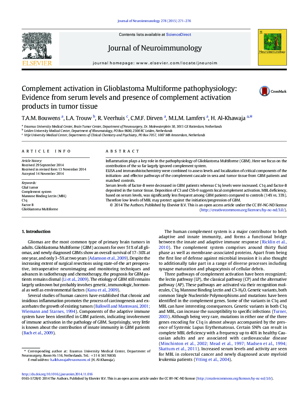 فعال سازی تکمیلی در گلیوبلاستوما پاتوفیزیولوژی چندگانه: شواهد از سطح سرمی و حضور محصولات فعال سازی مکمل در بافت تومور 