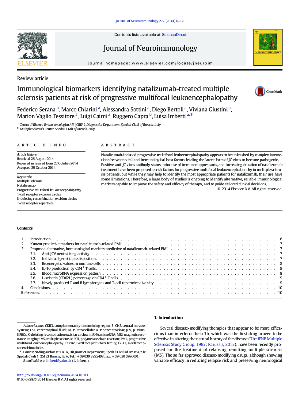 Immunological biomarkers identifying natalizumab-treated multiple sclerosis patients at risk of progressive multifocal leukoencephalopathy