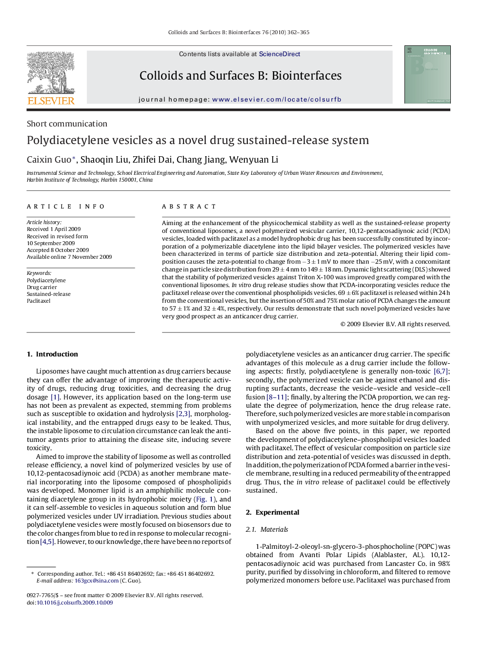 عکس صفحه اول مقاله: Polydiacetylene vesicles as a novel drug sustained-release system Polydiacetylene vesicles as a novel drug sustained-release system