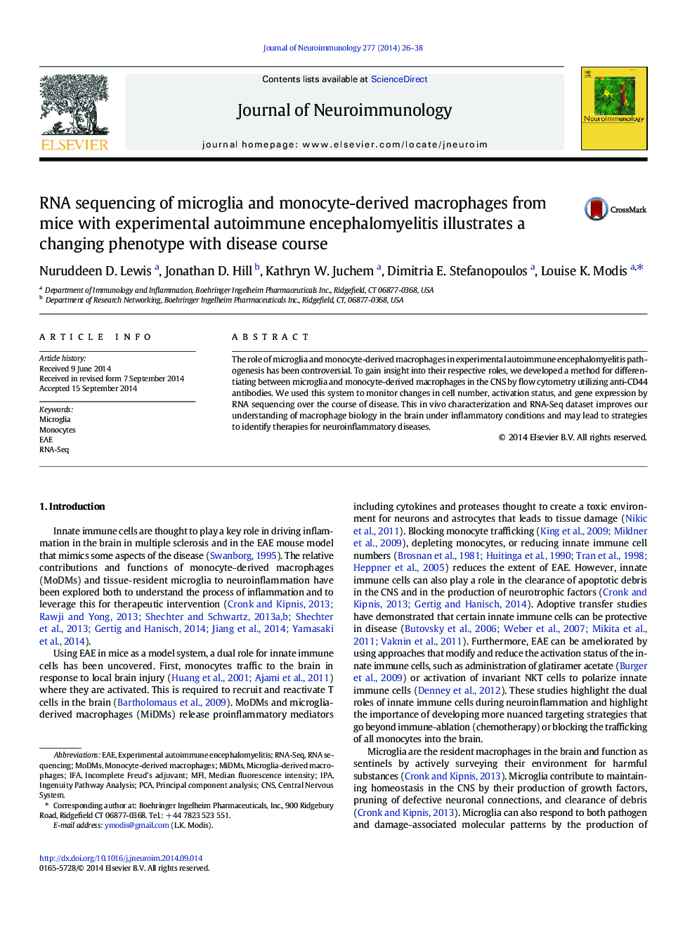 RNA sequencing of microglia and monocyte-derived macrophages from mice with experimental autoimmune encephalomyelitis illustrates a changing phenotype with disease course