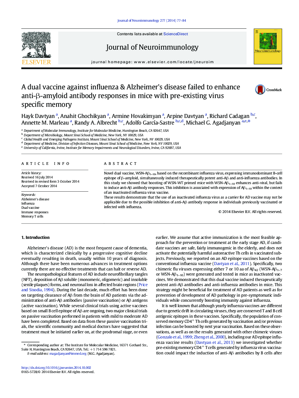 A dual vaccine against influenza & Alzheimer's disease failed to enhance anti-Î²-amyloid antibody responses in mice with pre-existing virus specific memory