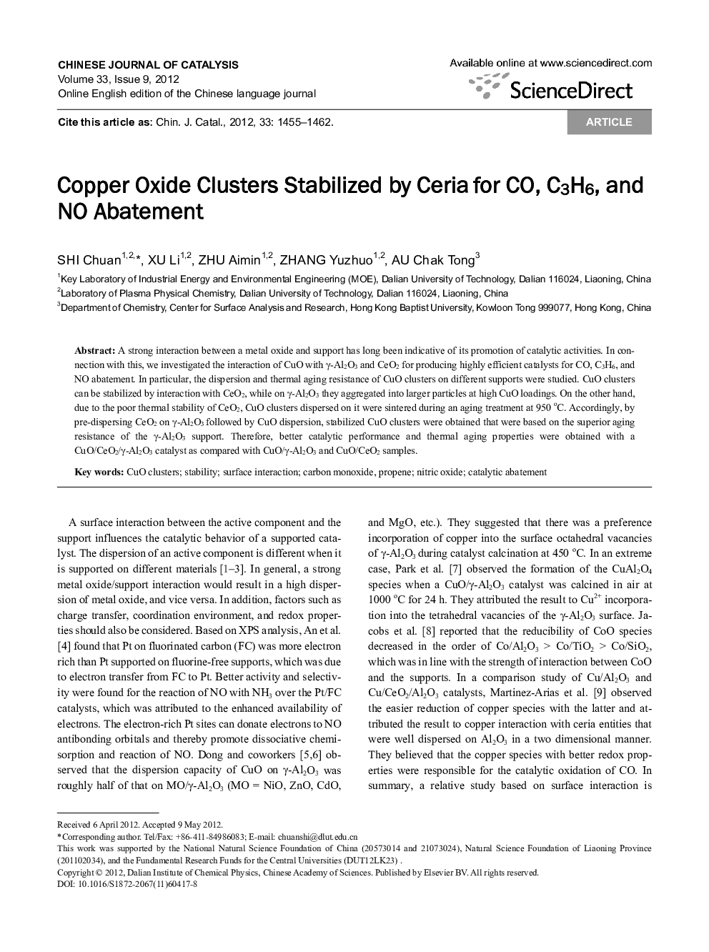 Copper Oxide Clusters Stabilized by Ceria for CO, C3H6, and NO Abatement 