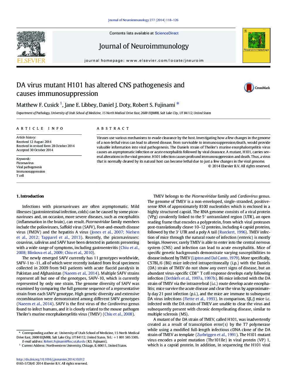 DA virus mutant H101 has altered CNS pathogenesis and causes immunosuppression