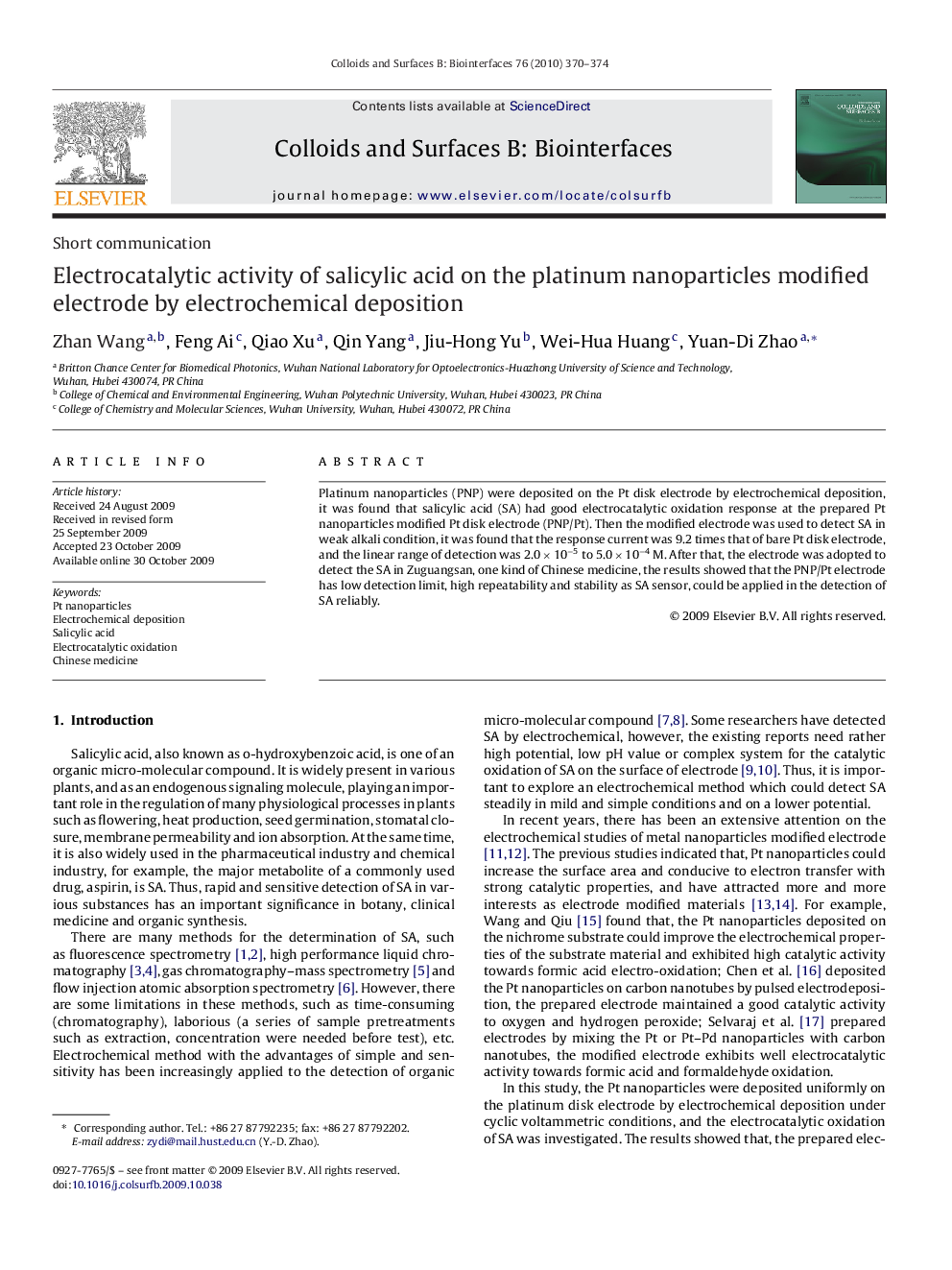 Electrocatalytic activity of salicylic acid on the platinum nanoparticles modified electrode by electrochemical deposition