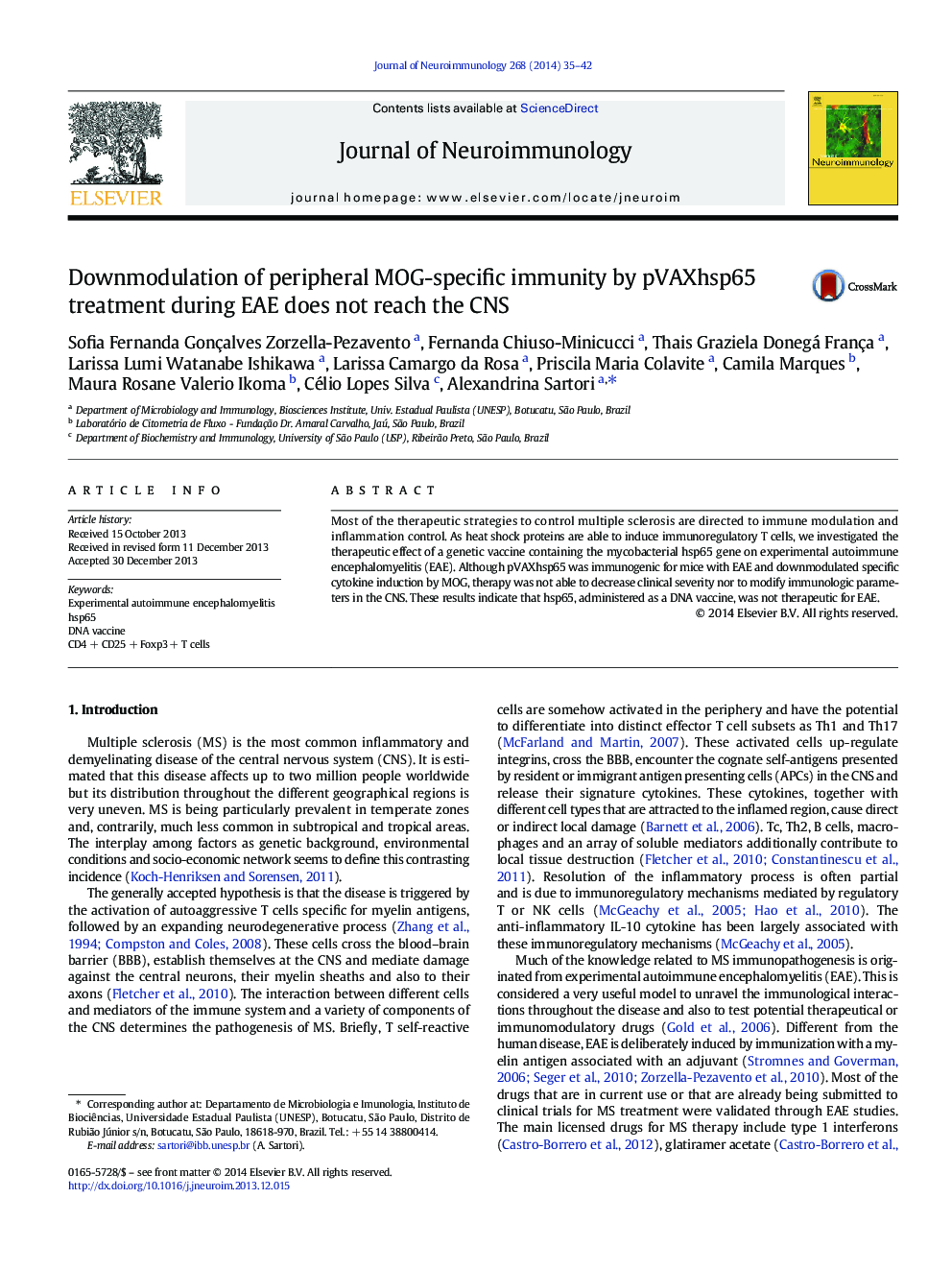 عکس صفحه اول مقاله: Downmodulation of peripheral MOG-specific immunity by pVAXhsp65 treatment during EAE does not reach the CNS Downmodulation of peripheral MOG-specific immunity by pVAXhsp65 treatment during EAE does not reach the CNS