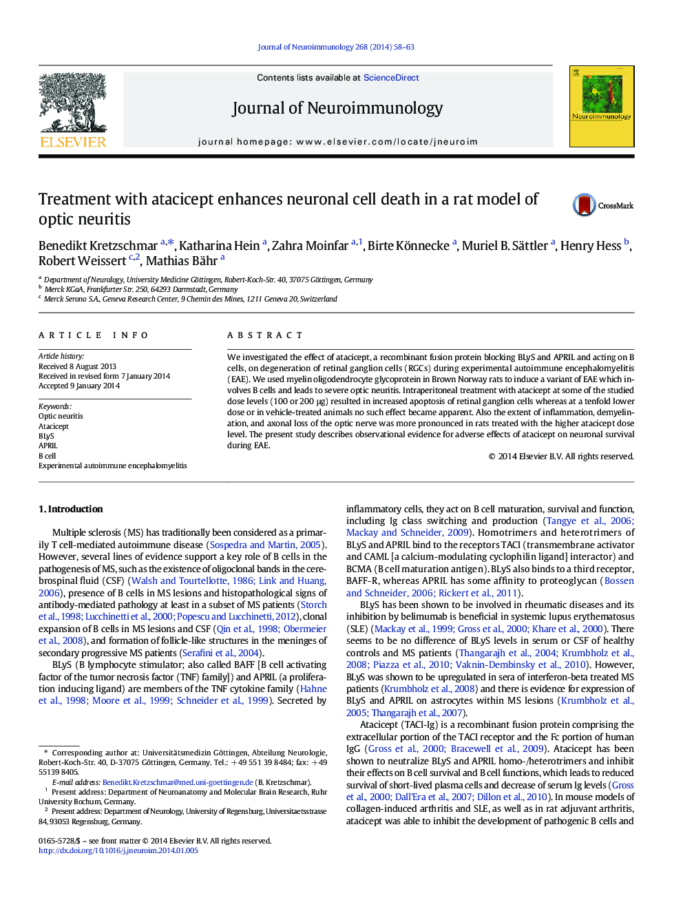 Treatment with atacicept enhances neuronal cell death in a rat model of optic neuritis