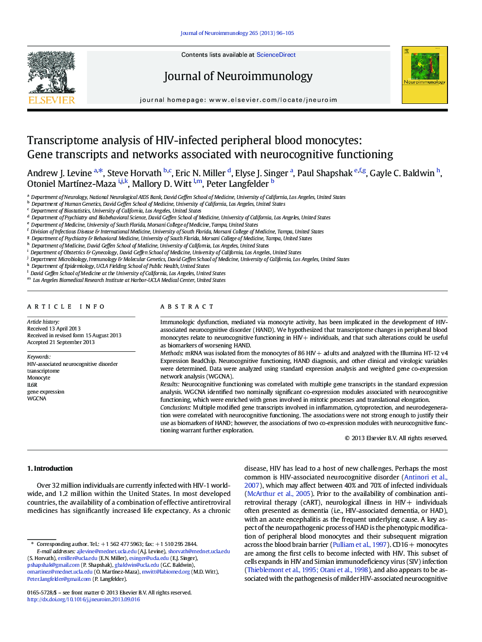 Transcriptome analysis of HIV-infected peripheral blood monocytes: Gene transcripts and networks associated with neurocognitive functioning