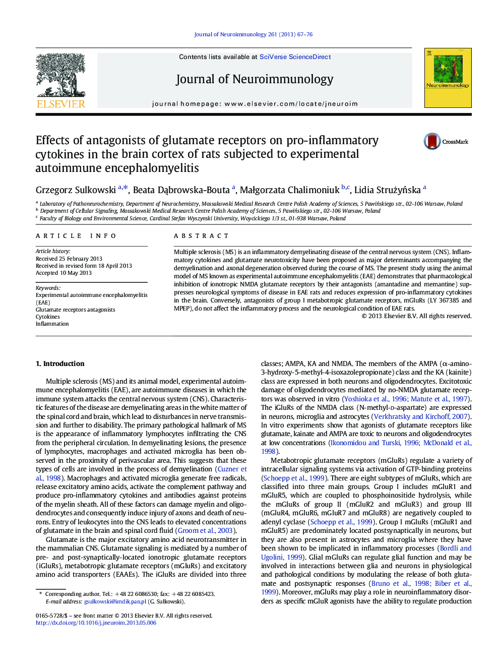 Effects of antagonists of glutamate receptors on pro-inflammatory cytokines in the brain cortex of rats subjected to experimental autoimmune encephalomyelitis