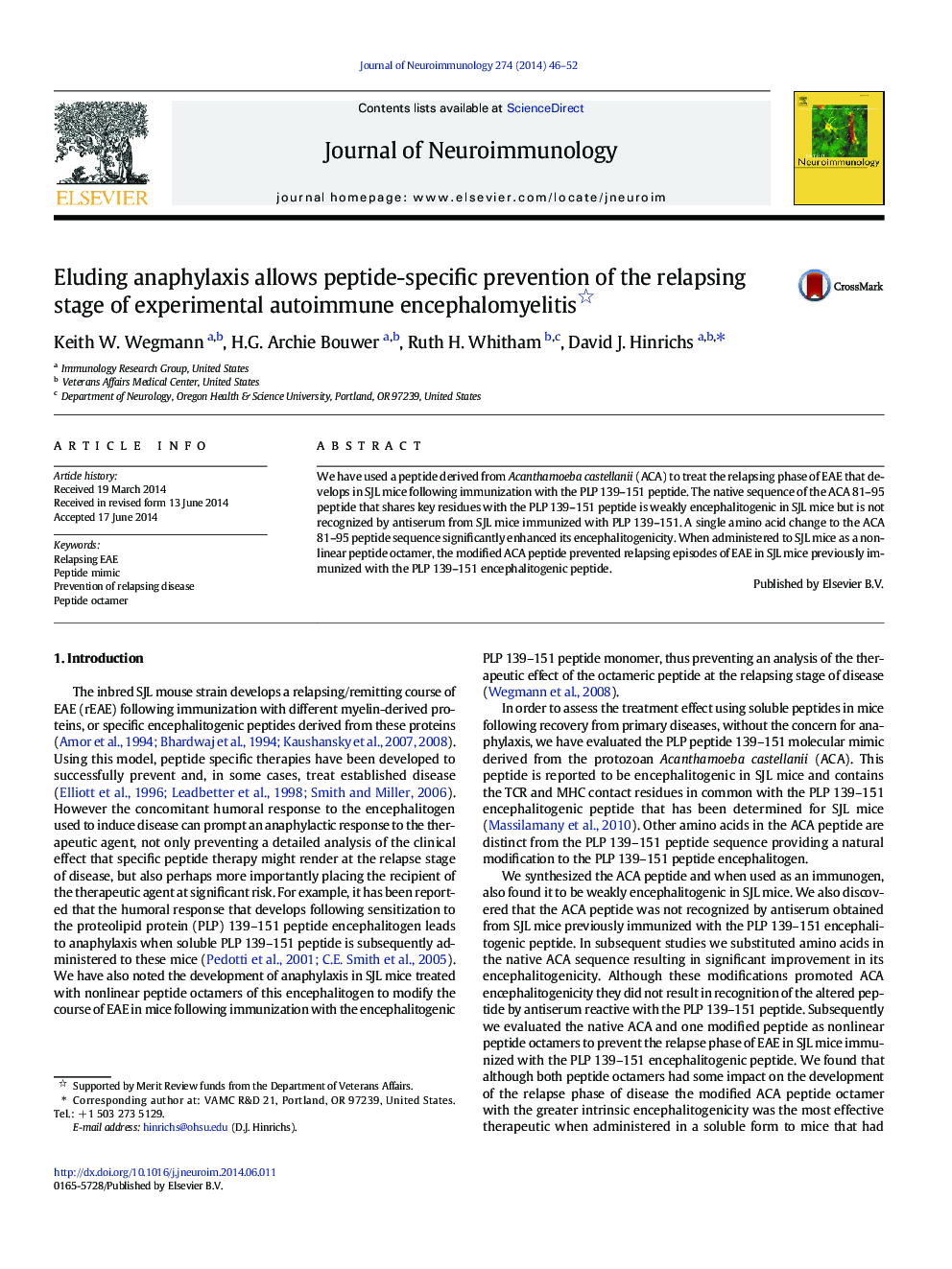 Eluding anaphylaxis allows peptide-specific prevention of the relapsing stage of experimental autoimmune encephalomyelitis