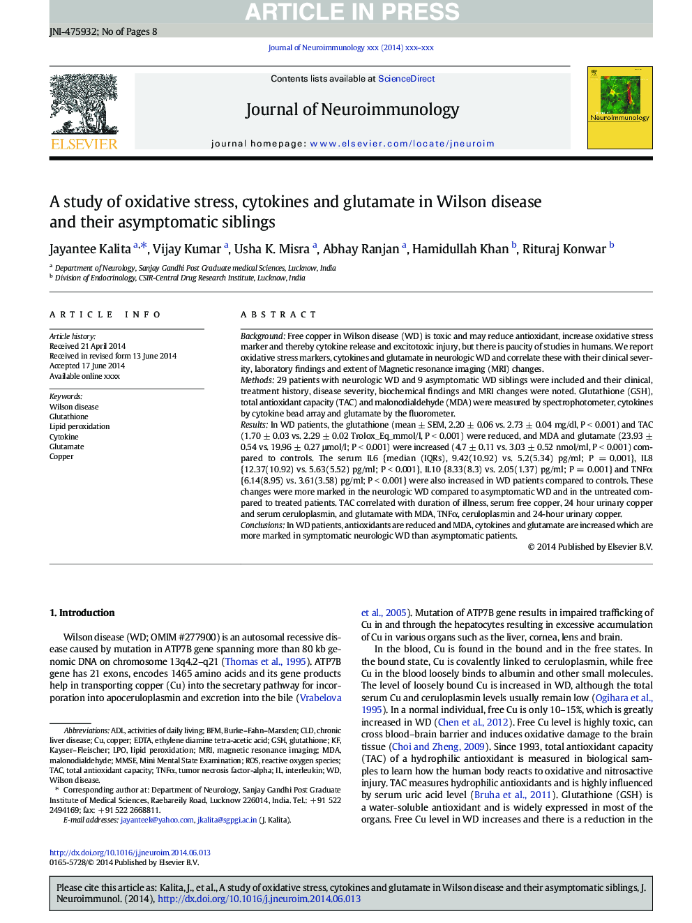 A study of oxidative stress, cytokines and glutamate in Wilson disease and their asymptomatic siblings