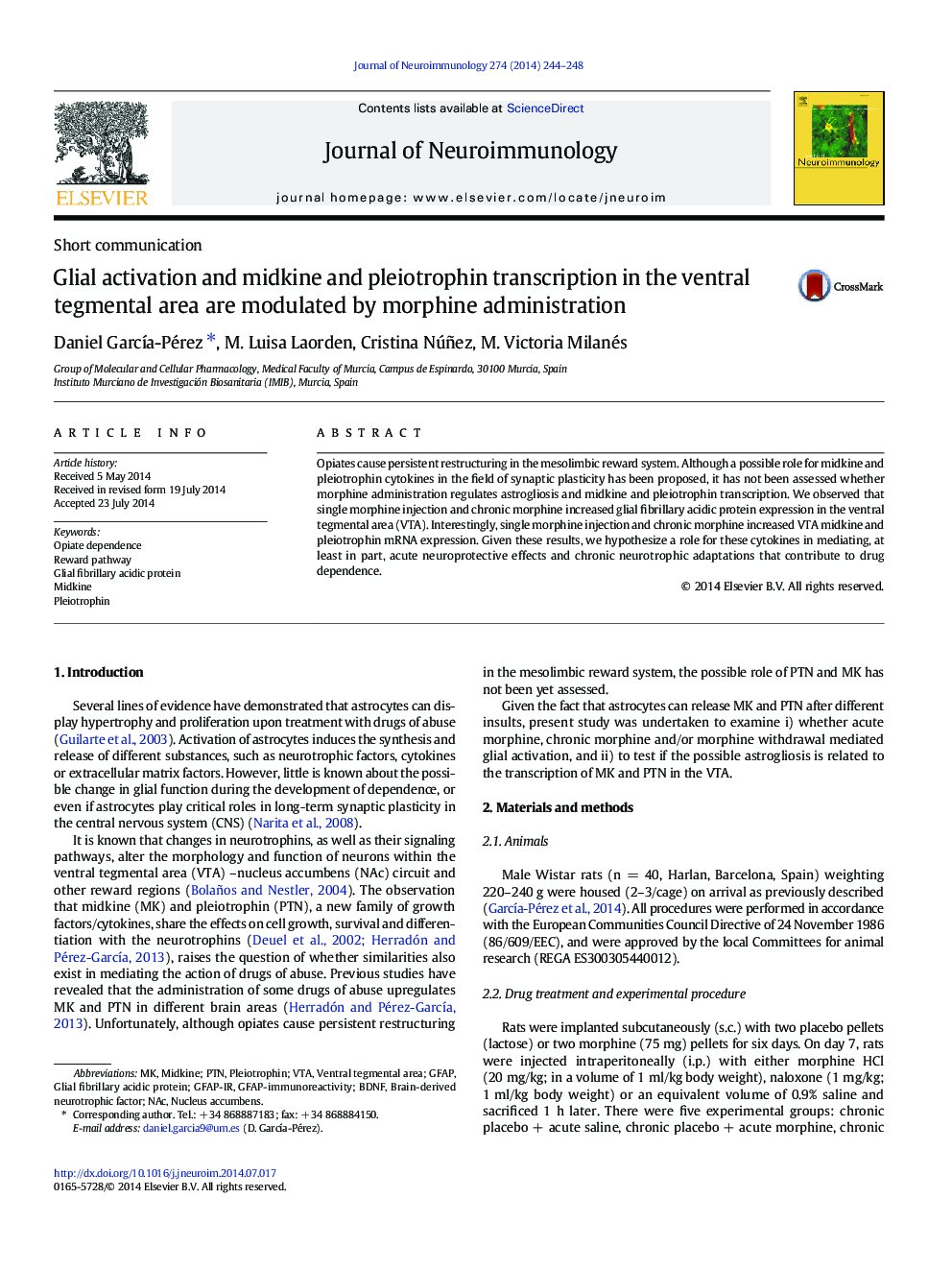عکس صفحه اول مقاله: Glial activation and midkine and pleiotrophin transcription in the ventral tegmental area are modulated by morphine administration Glial activation and midkine and pleiotrophin transcription in the ventral tegmental area are modulated by morphine administration