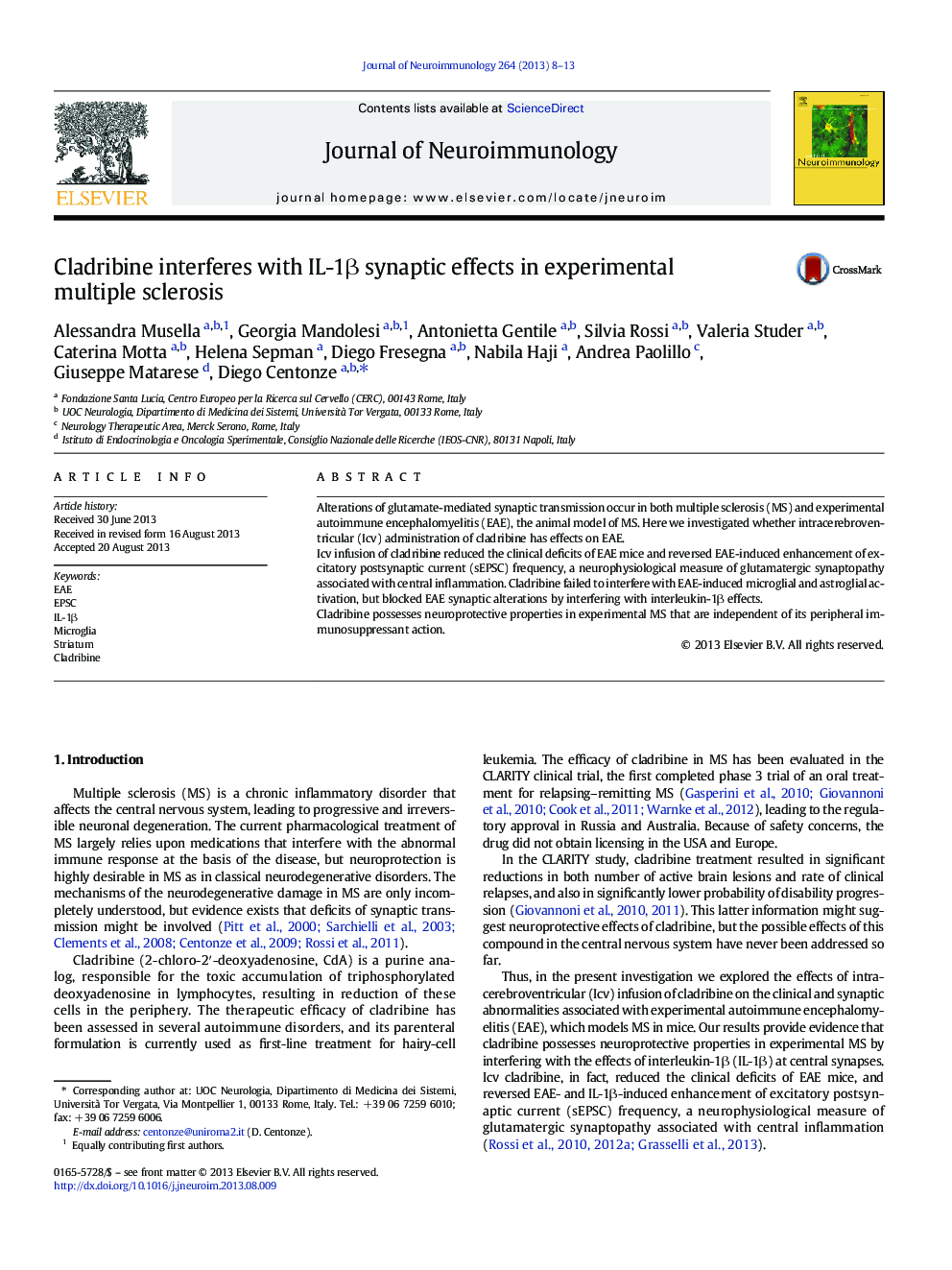 Cladribine interferes with IL-1Î² synaptic effects in experimental multiple sclerosis