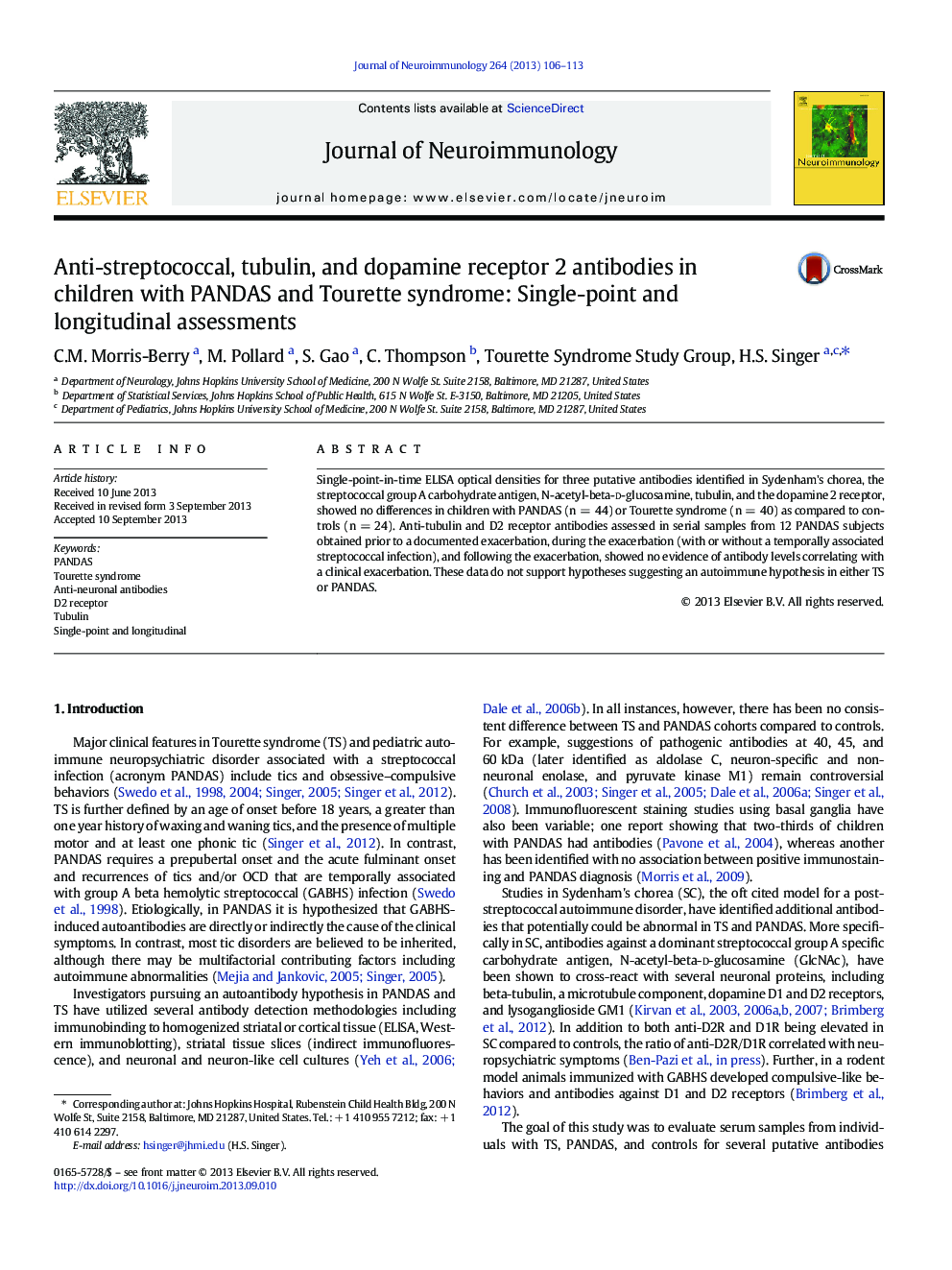 Anti-streptococcal, tubulin, and dopamine receptor 2 antibodies in children with PANDAS and Tourette syndrome: Single-point and longitudinal assessments