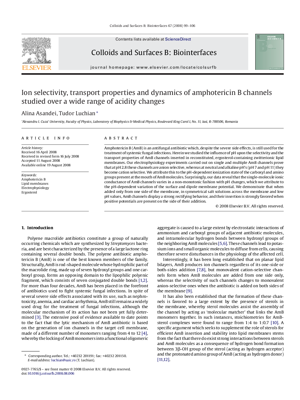 Ion selectivity, transport properties and dynamics of amphotericin B channels studied over a wide range of acidity changes