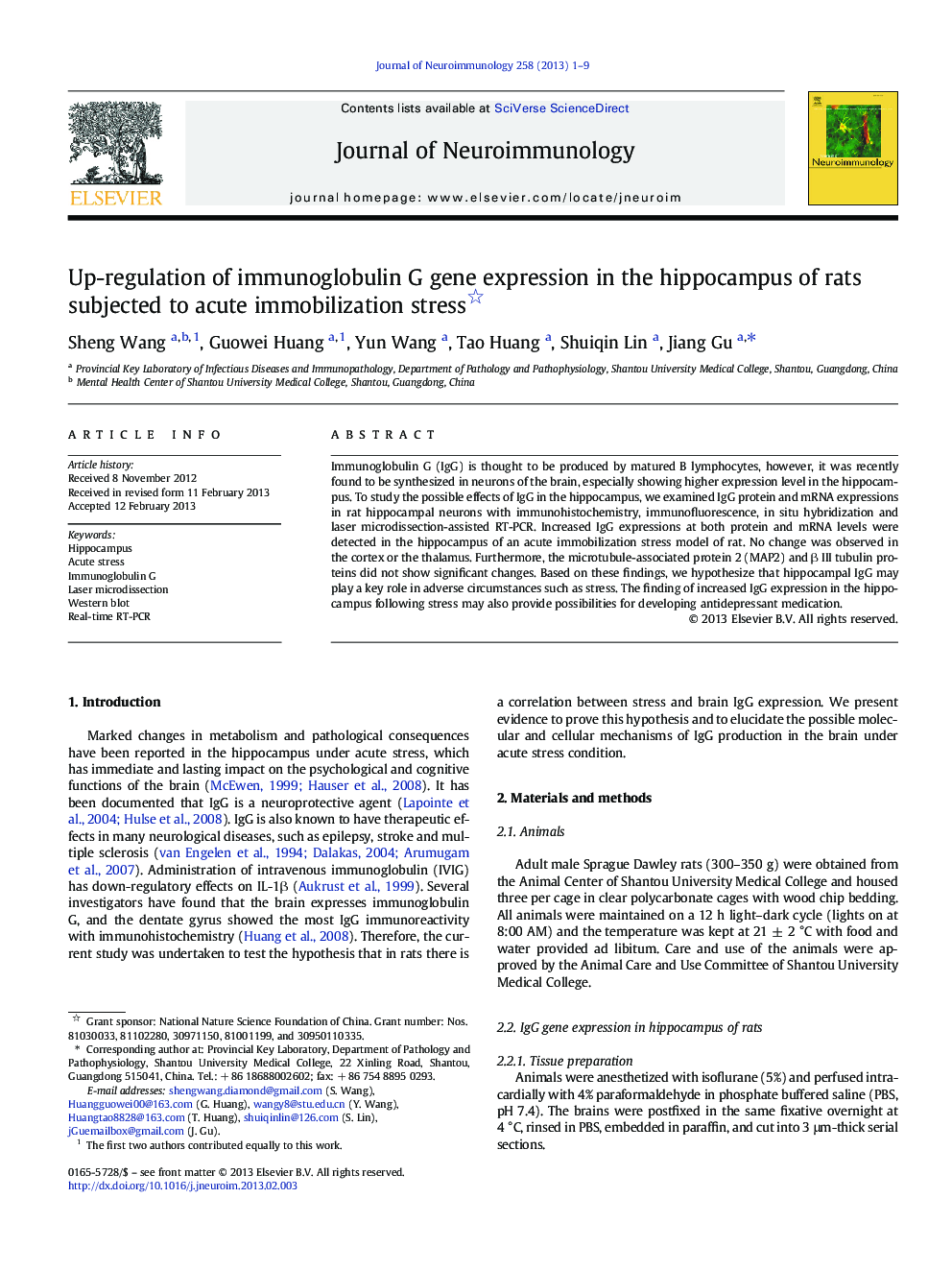 Up-regulation of immunoglobulin G gene expression in the hippocampus of rats subjected to acute immobilization stress