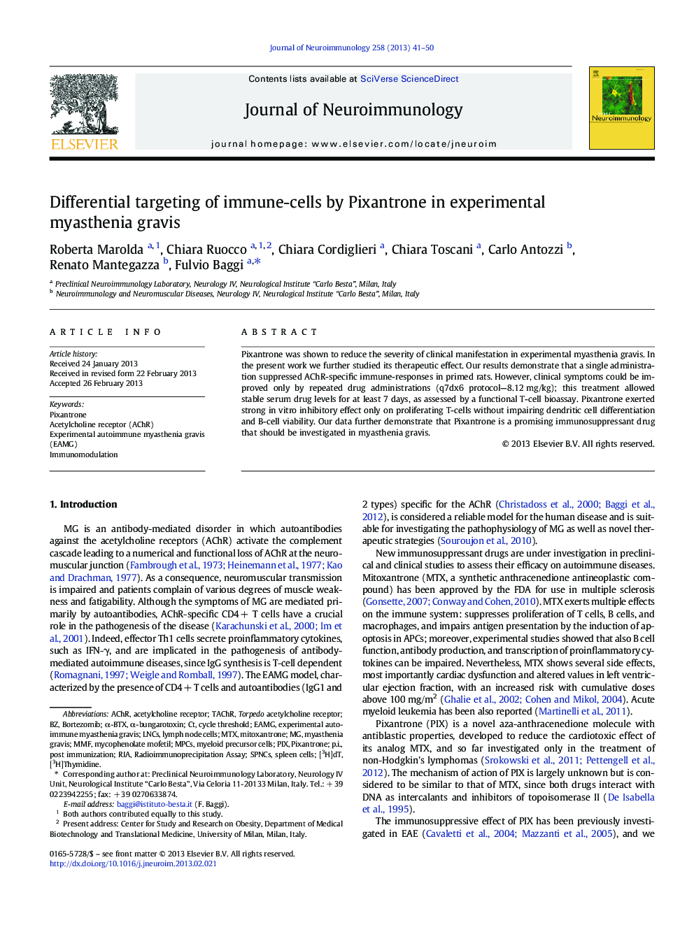 Differential targeting of immune-cells by Pixantrone in experimental myasthenia gravis