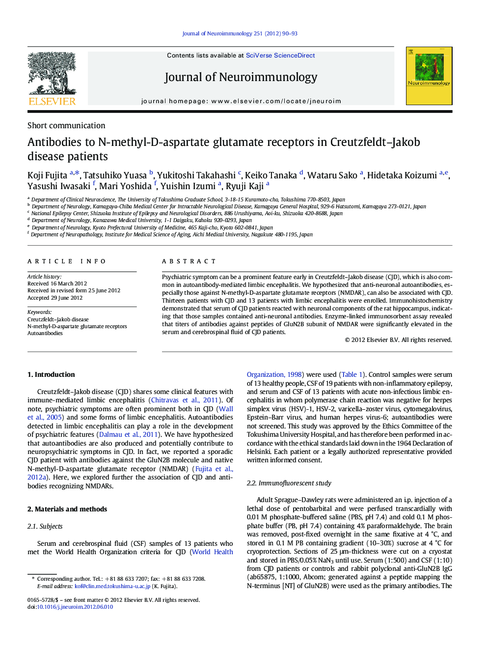 Antibodies to N-methyl-D-aspartate glutamate receptors in Creutzfeldt-Jakob disease patients