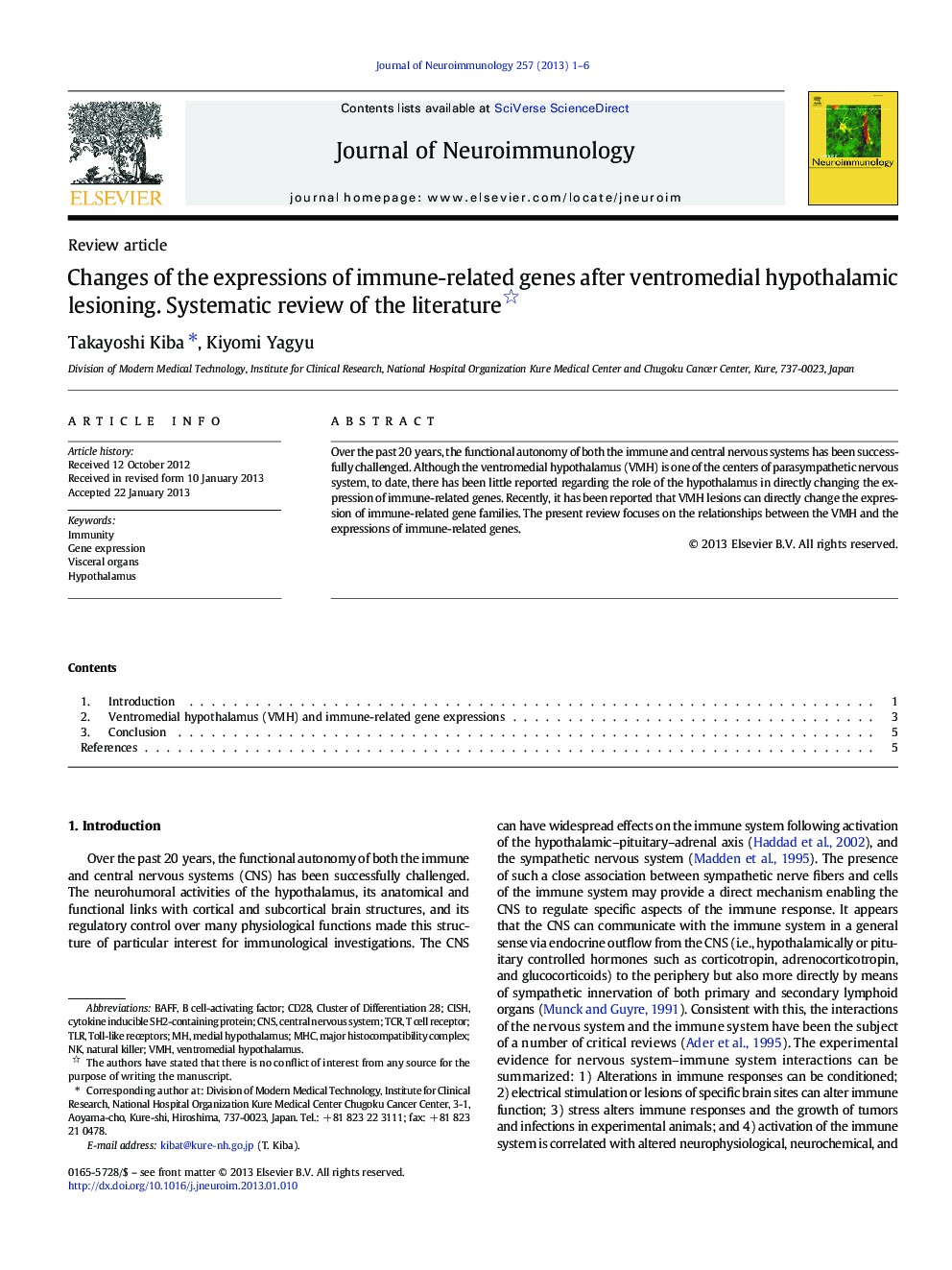 Review articleChanges of the expressions of immune-related genes after ventromedial hypothalamic lesioning. Systematic review of the literature