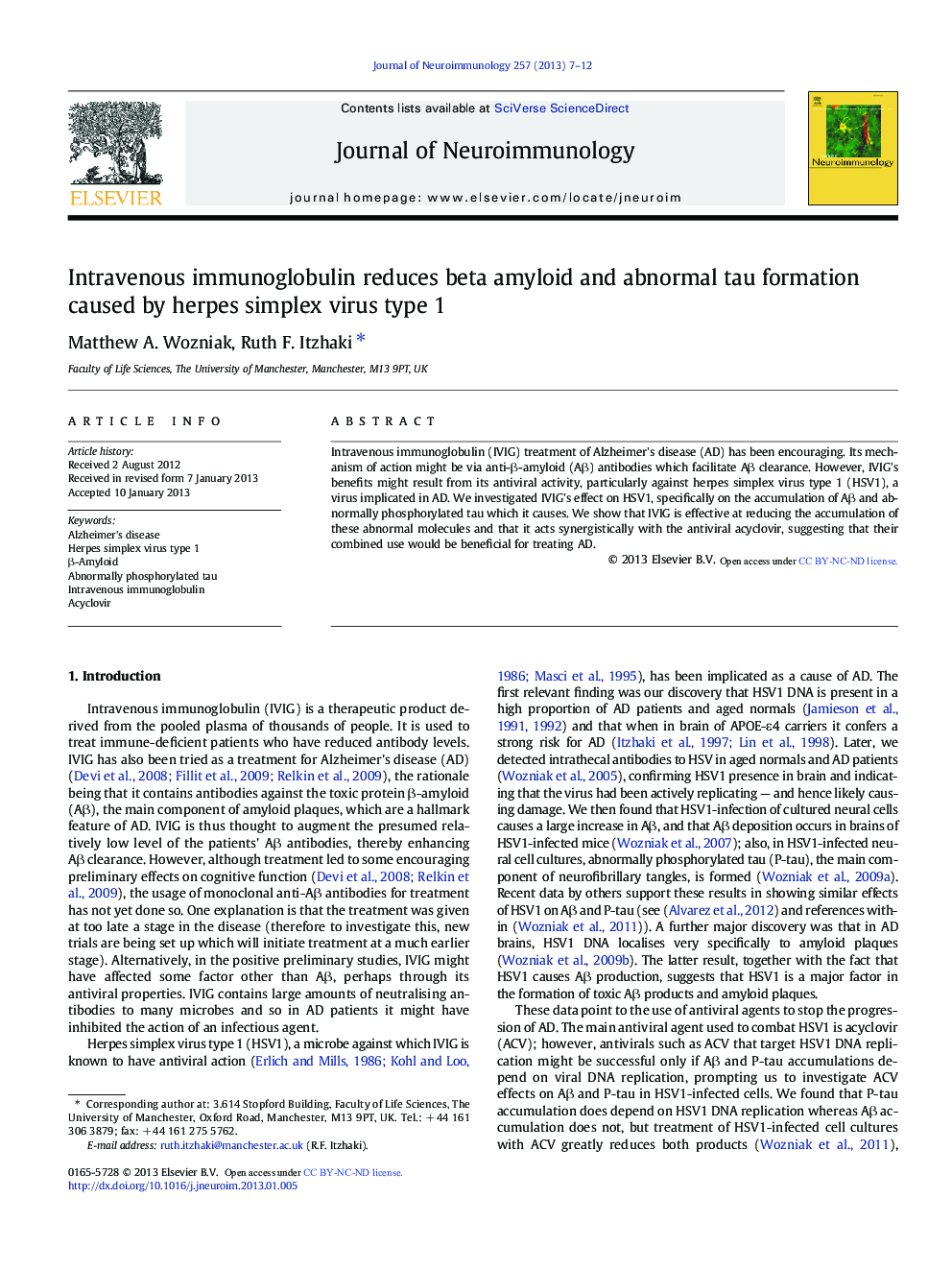 Intravenous immunoglobulin reduces beta amyloid and abnormal tau formation caused by herpes simplex virus type 1