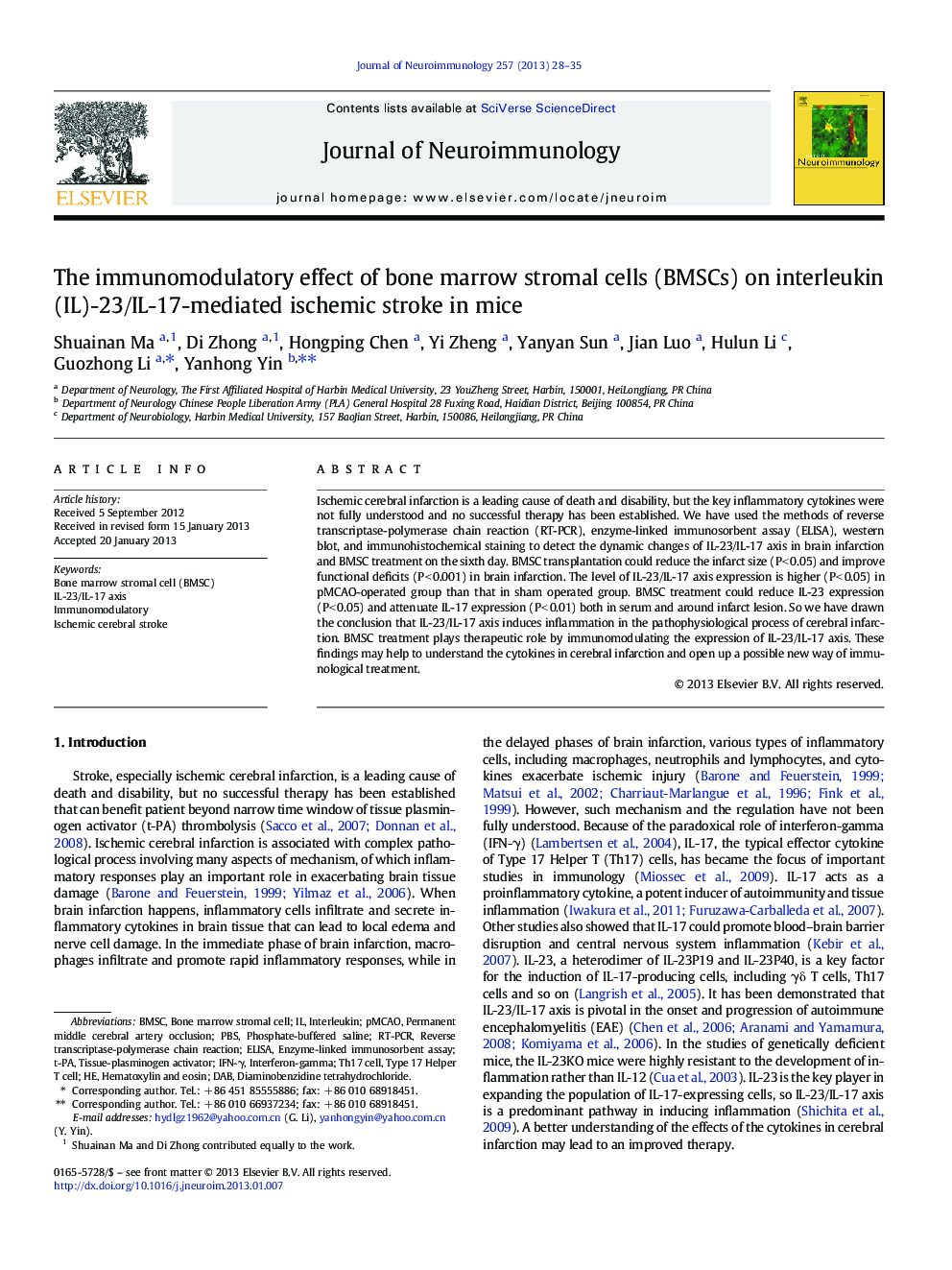 The immunomodulatory effect of bone marrow stromal cells (BMSCs) on interleukin (IL)-23/IL-17-mediated ischemic stroke in mice