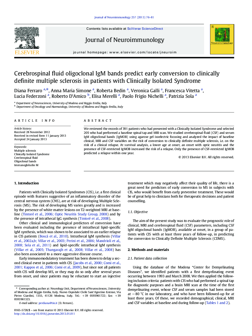 Cerebrospinal fluid oligoclonal IgM bands predict early conversion to clinically definite multiple sclerosis in patients with Clinically Isolated Syndrome