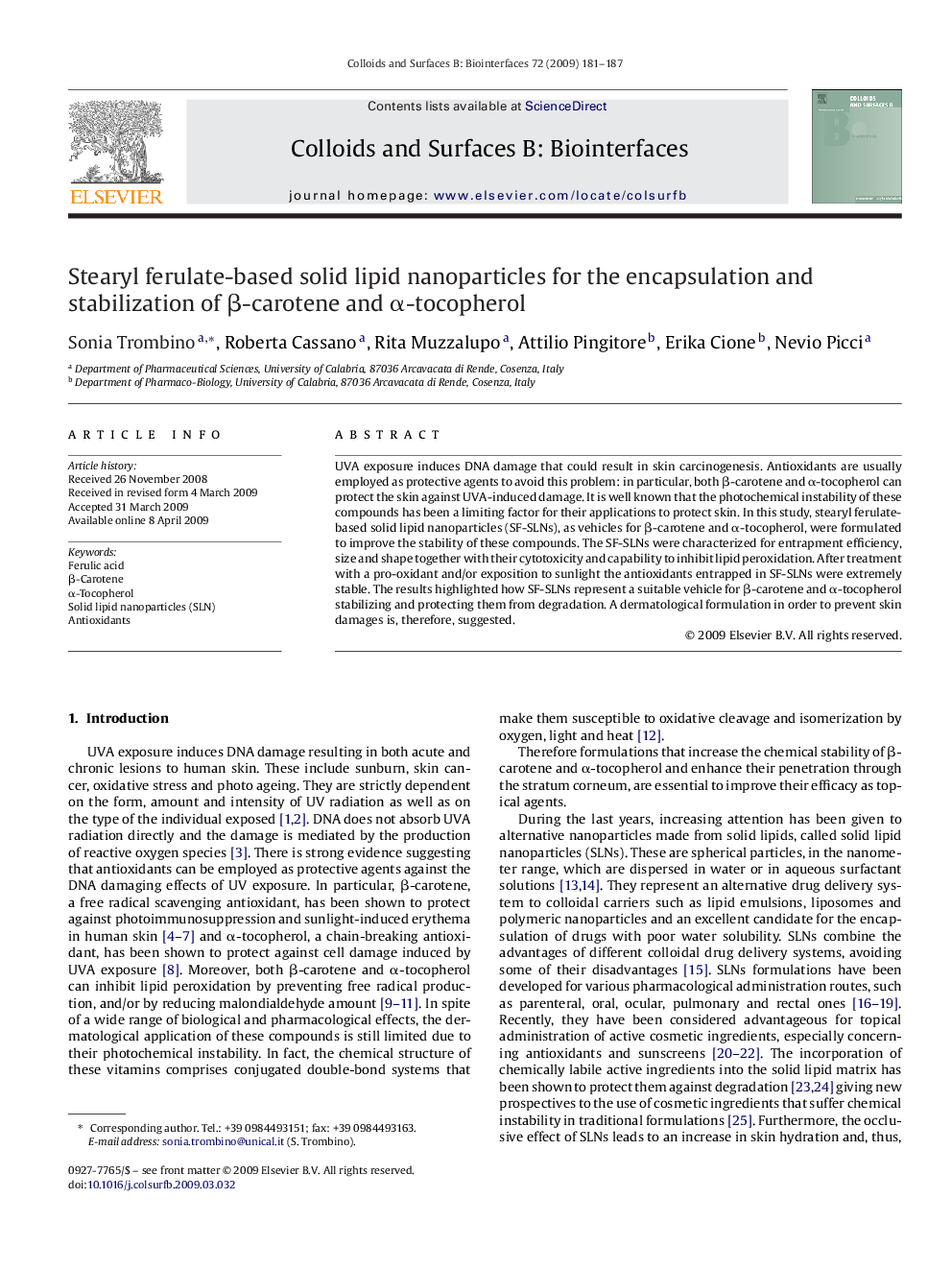 Stearyl ferulate-based solid lipid nanoparticles for the encapsulation and stabilization of β-carotene and α-tocopherol