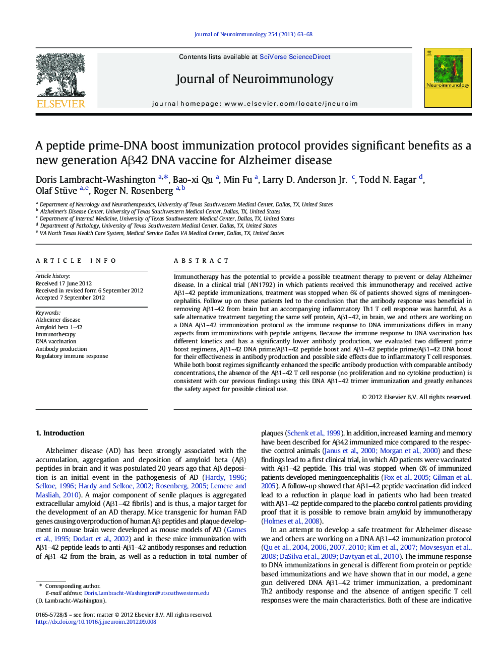 A peptide prime-DNA boost immunization protocol provides significant benefits as a new generation AÎ²42 DNA vaccine for Alzheimer disease