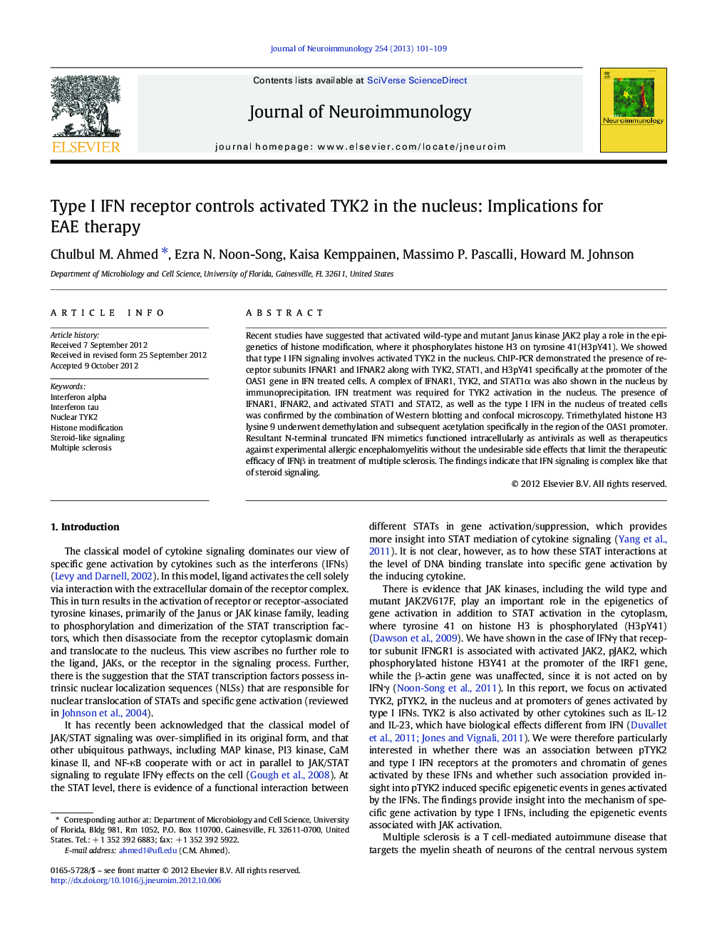 Type I IFN receptor controls activated TYK2 in the nucleus: Implications for EAE therapy