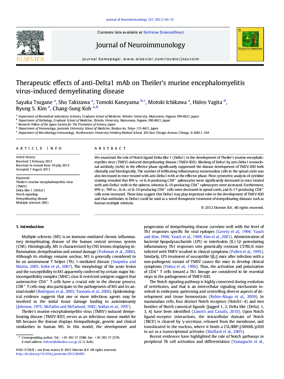 Therapeutic effects of anti-Delta1 mAb on Theiler's murine encephalomyelitis virus-induced demyelinating disease