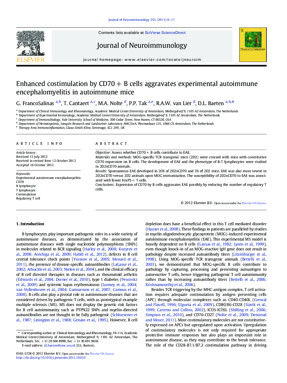 Enhanced costimulation by CD70Â + B cells aggravates experimental autoimmune encephalomyelitis in autoimmune mice