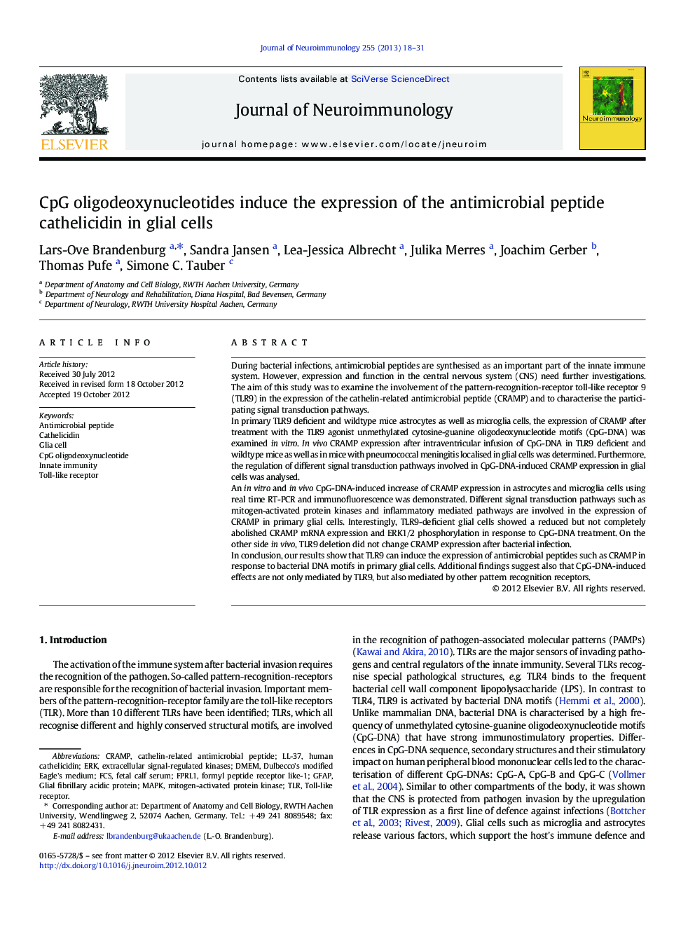 CpG oligodeoxynucleotides induce the expression of the antimicrobial peptide cathelicidin in glial cells