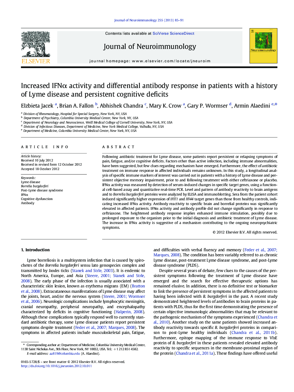 Increased IFNÎ± activity and differential antibody response in patients with a history of Lyme disease and persistent cognitive deficits