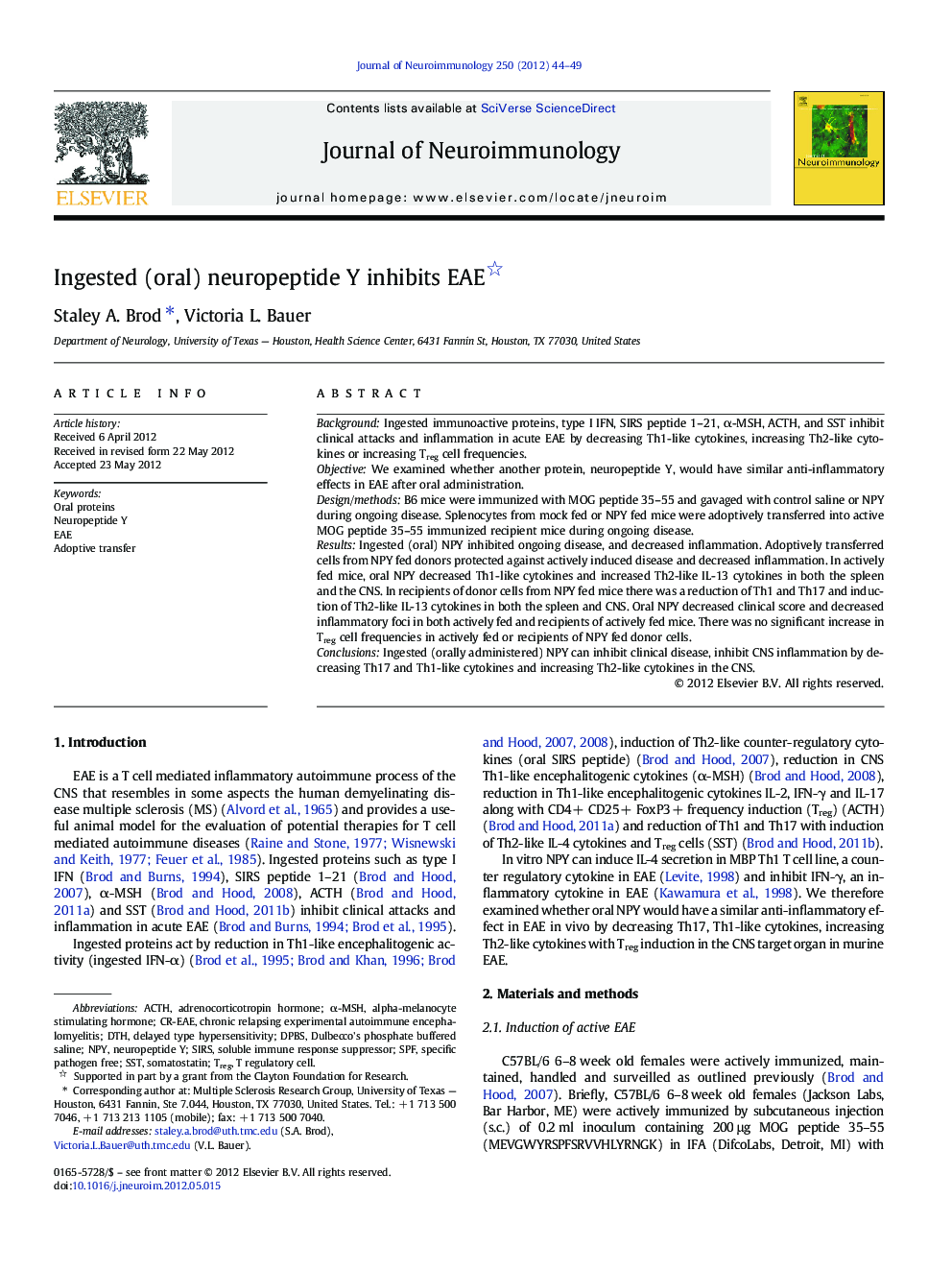 Ingested (oral) neuropeptide Y inhibits EAE