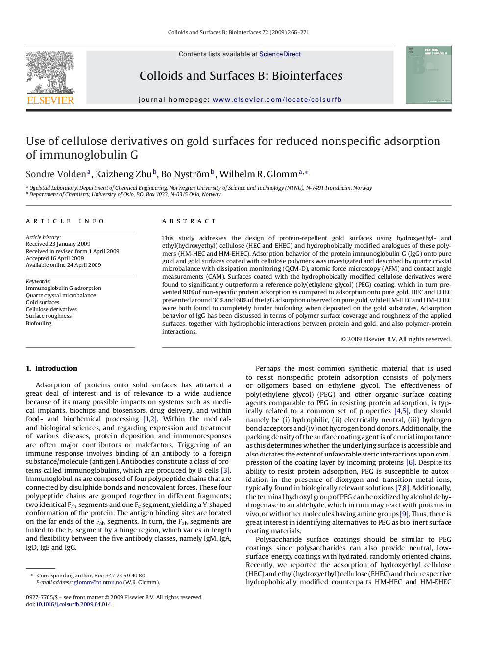 Use of cellulose derivatives on gold surfaces for reduced nonspecific adsorption of immunoglobulin G