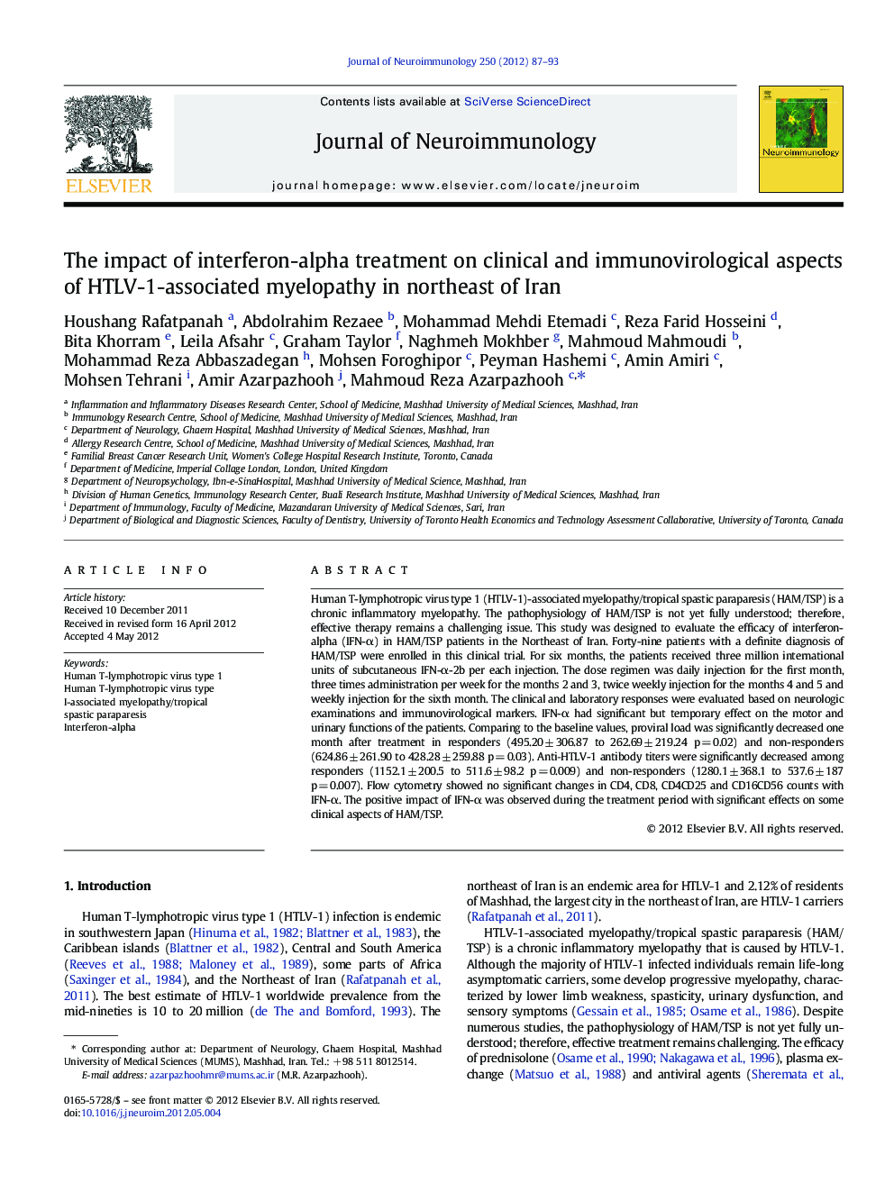 The impact of interferon-alpha treatment on clinical and immunovirological aspects of HTLV-1-associated myelopathy in northeast of Iran