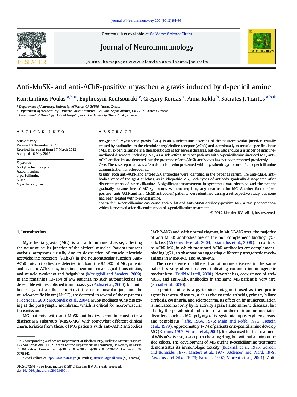 Anti-MuSK- and anti-AChR-positive myasthenia gravis induced by d-penicillamine