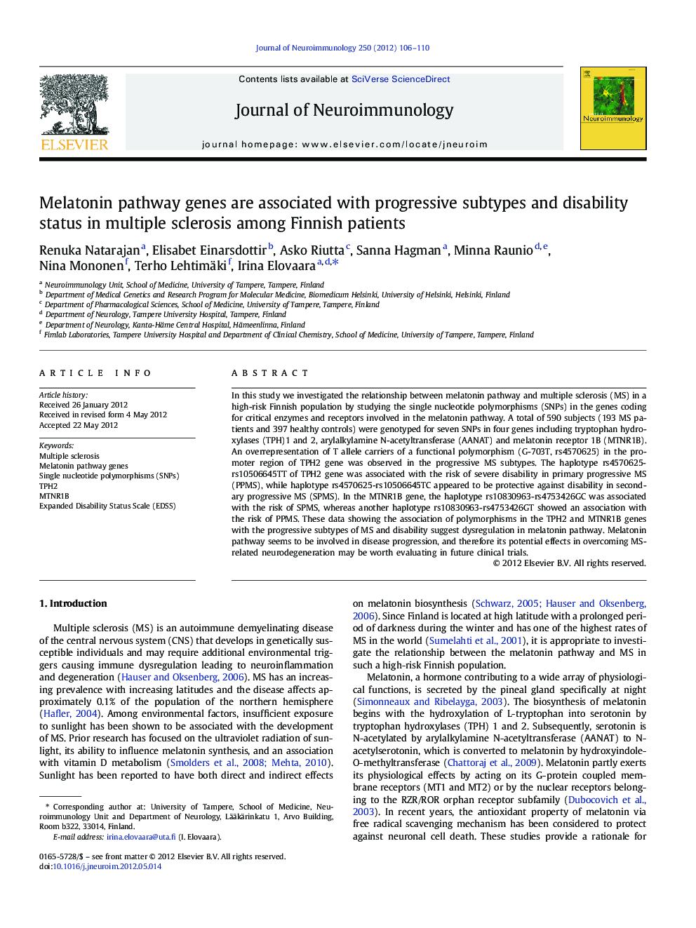 Melatonin pathway genes are associated with progressive subtypes and disability status in multiple sclerosis among Finnish patients