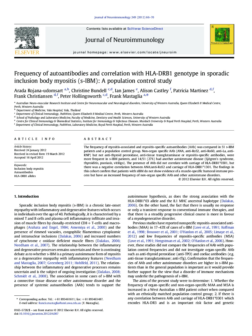 Frequency of autoantibodies and correlation with HLA-DRB1 genotype in sporadic inclusion body myositis (s-IBM): A population control study