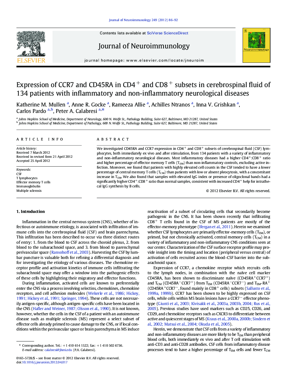 Expression of CCR7 and CD45RA in CD4+ and CD8+ subsets in cerebrospinal fluid of 134 patients with inflammatory and non-inflammatory neurological diseases