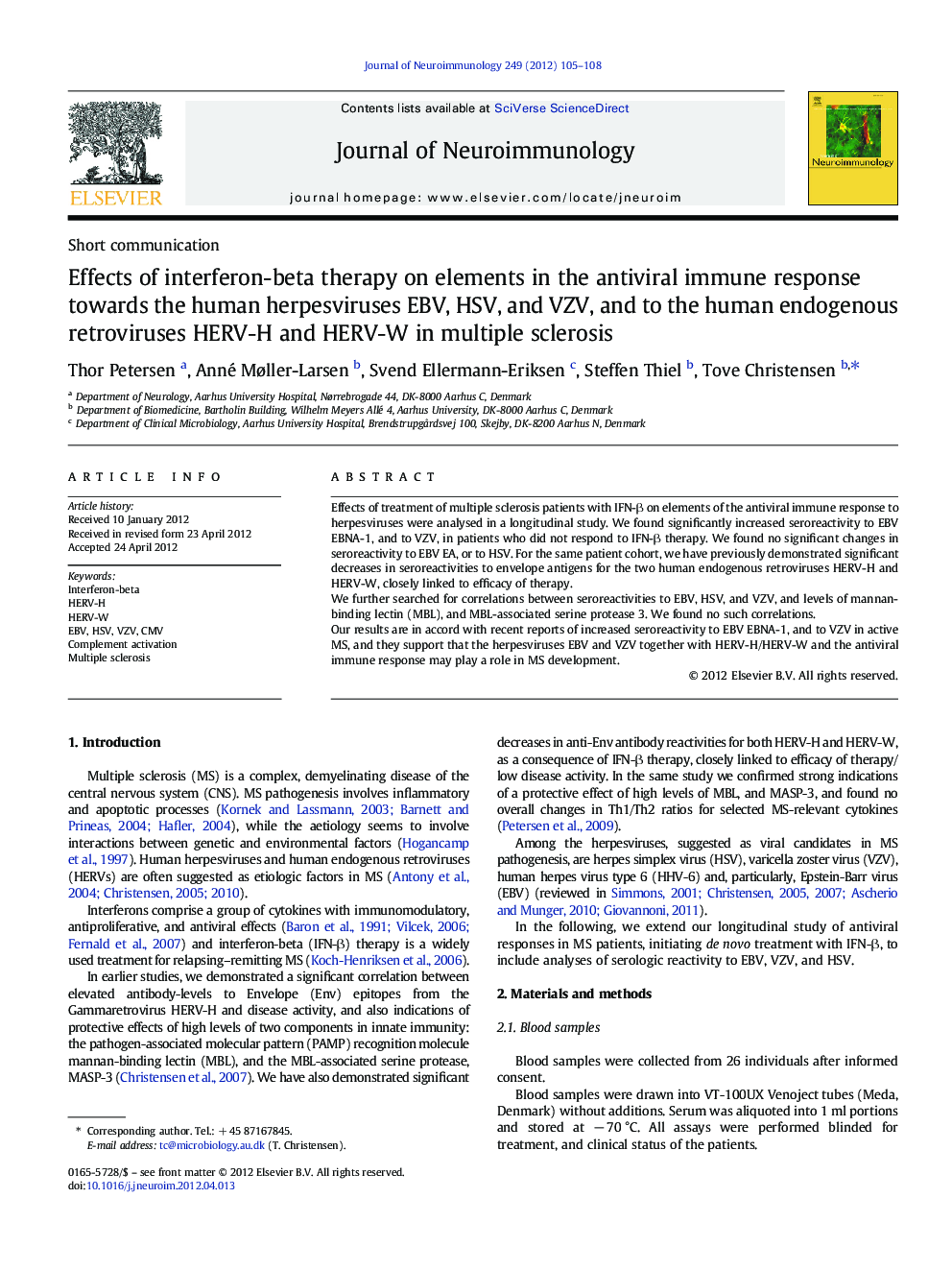 Effects of interferon-beta therapy on elements in the antiviral immune response towards the human herpesviruses EBV, HSV, and VZV, and to the human endogenous retroviruses HERV-H and HERV-W in multiple sclerosis