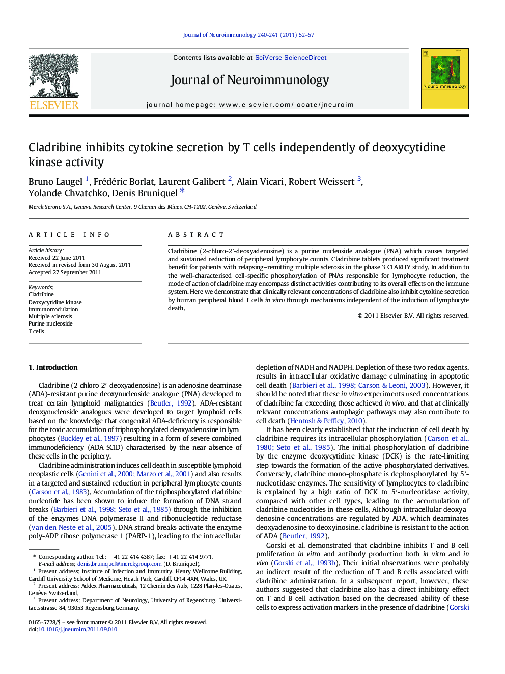 Cladribine inhibits cytokine secretion by T cells independently of deoxycytidine kinase activity