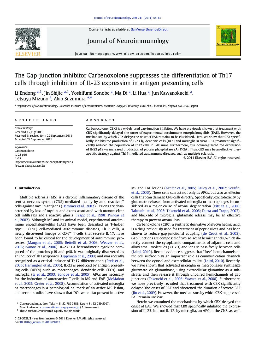 The Gap-junction inhibitor Carbenoxolone suppresses the differentiation of Th17 cells through inhibition of IL-23 expression in antigen presenting cells