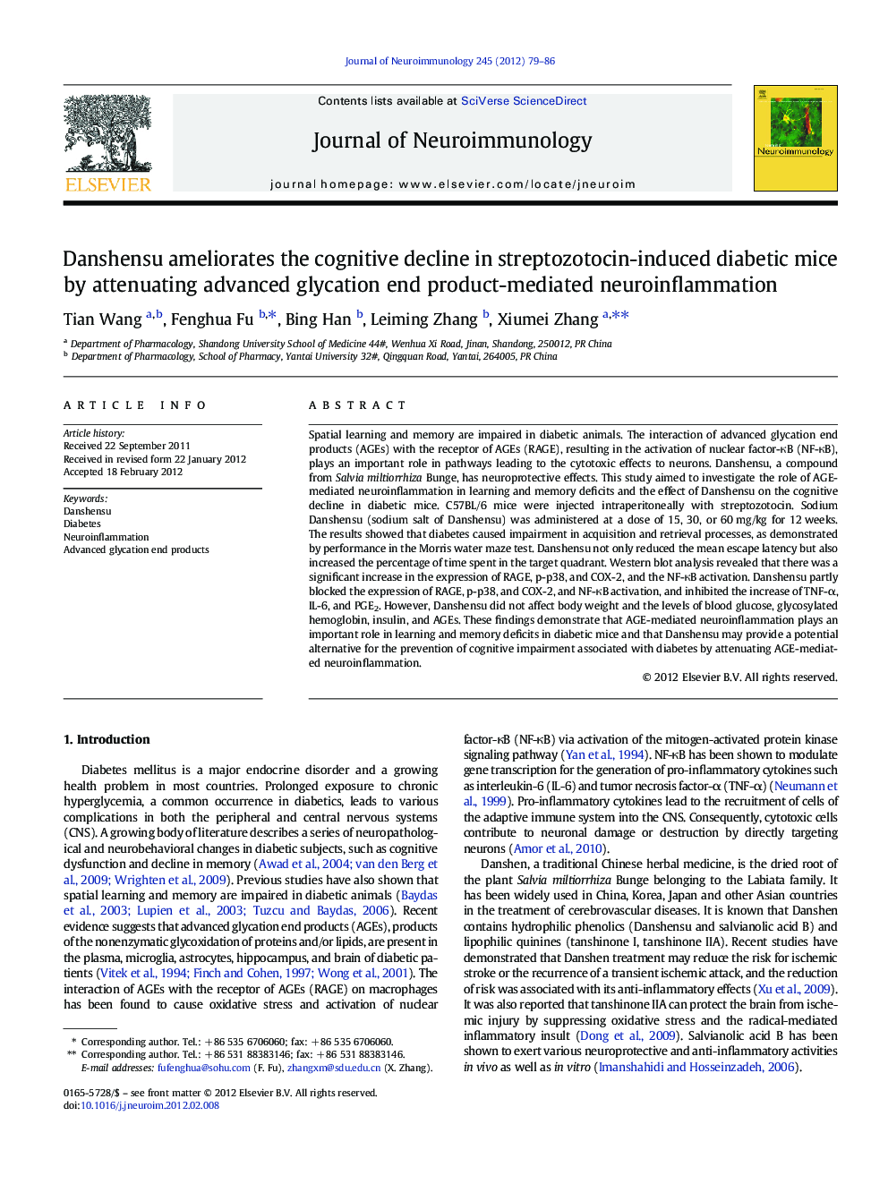 Danshensu ameliorates the cognitive decline in streptozotocin-induced diabetic mice by attenuating advanced glycation end product-mediated neuroinflammation