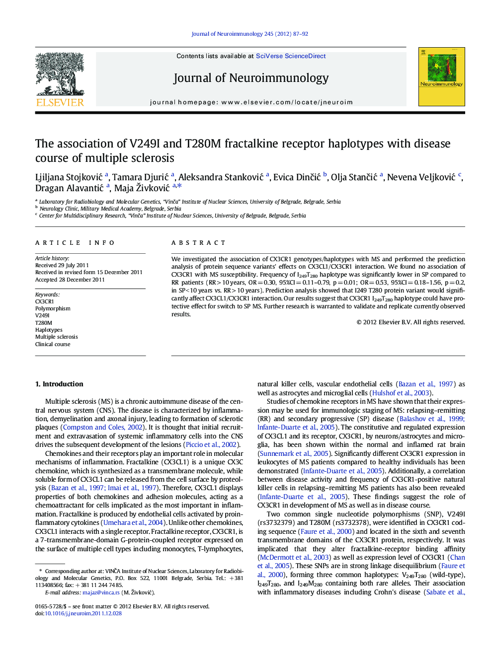 The association of V249I and T280M fractalkine receptor haplotypes with disease course of multiple sclerosis