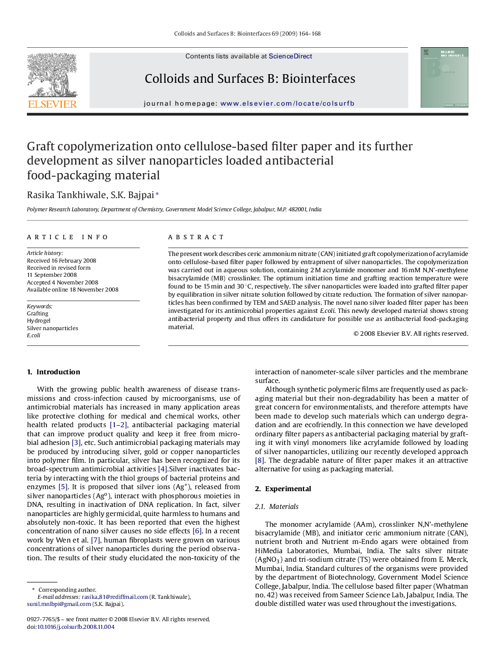 Graft copolymerization onto cellulose-based filter paper and its further development as silver nanoparticles loaded antibacterial food-packaging material