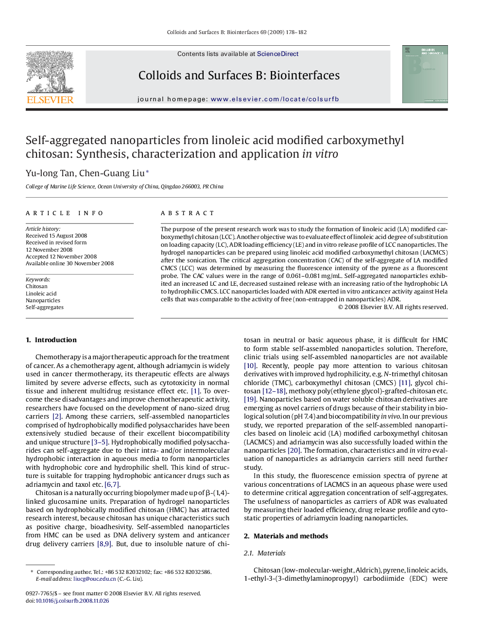 Self-aggregated nanoparticles from linoleic acid modified carboxymethyl chitosan: Synthesis, characterization and application in vitro