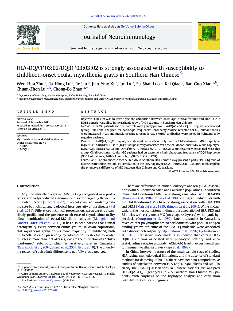 HLA-DQA1*03:02/DQB1*03:03:02 is strongly associated with susceptibility to childhood-onset ocular myasthenia gravis in Southern Han Chinese