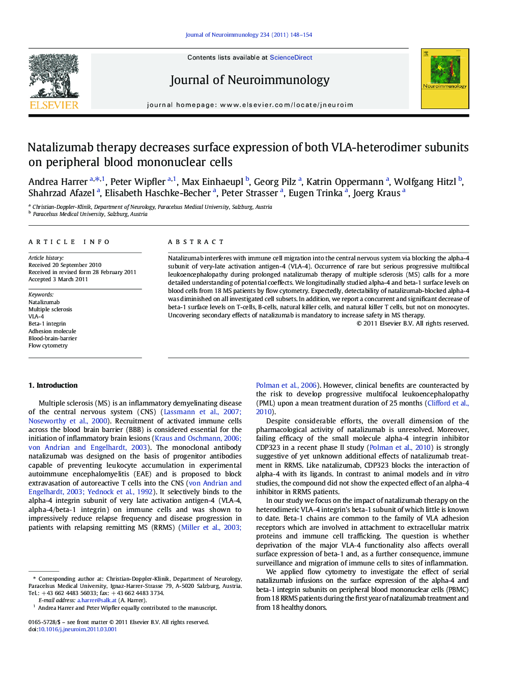 Natalizumab therapy decreases surface expression of both VLA-heterodimer subunits on peripheral blood mononuclear cells