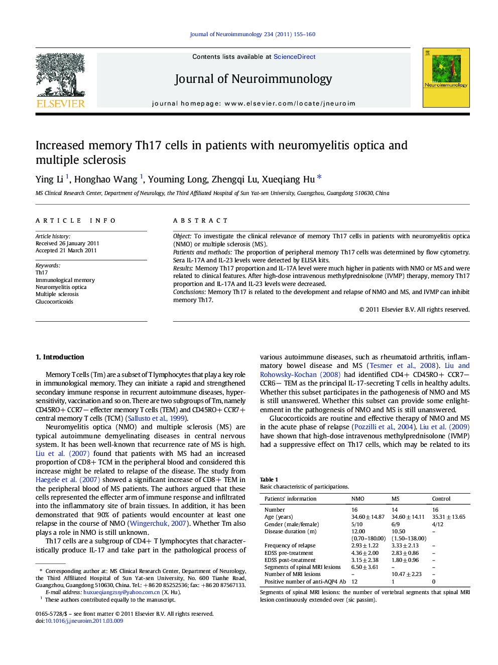 Increased memory Th17 cells in patients with neuromyelitis optica and multiple sclerosis