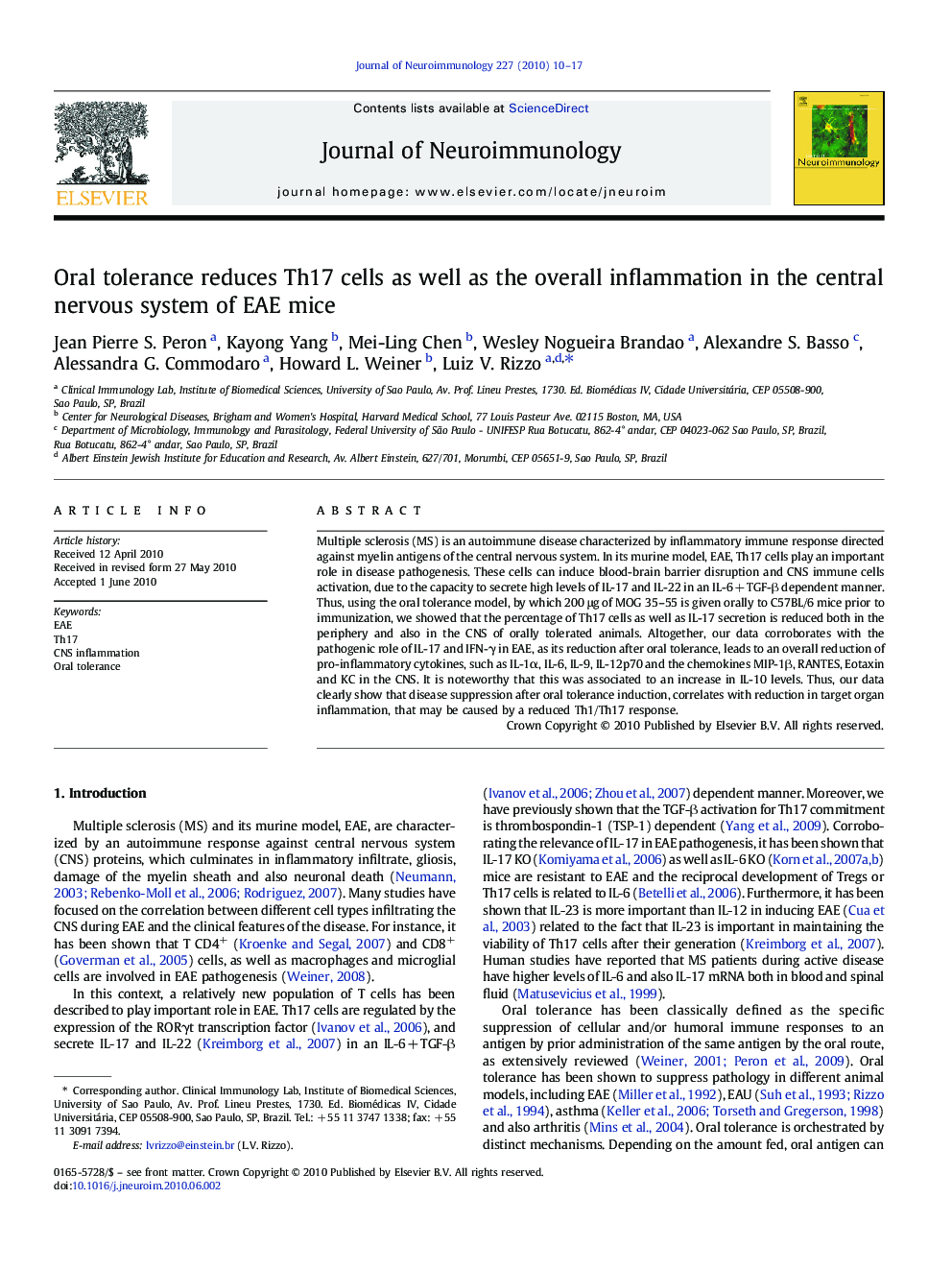 Oral tolerance reduces Th17 cells as well as the overall inflammation in the central nervous system of EAE mice